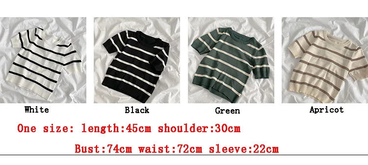 Hnewly  Vintage Stripe Knitted T-Shirt Women's Spring Summer New Fashion All-matched O- Neck Short Sleeve Slim Short Shirt Tops