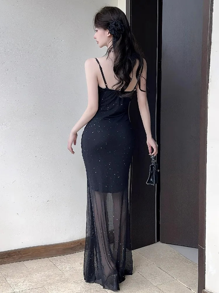 Hnewly  Women Dresses Sleeveless Mesh Patchwork Elegant Slash Neck Sexy Fashion Mermaid Dress Party Female French Style