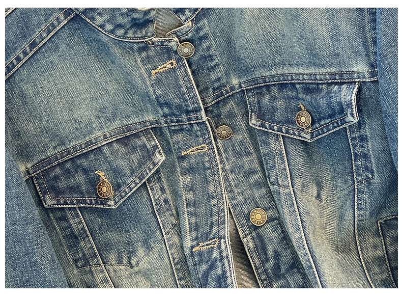 Hnewly  Fashion Denim Jacket Loose Casual Retro Jeans Short Coat Women's Spring Autumn Elegant Korean Standing Collar Long Sleeve Top