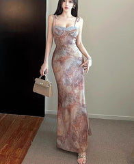 Hnewly  Temperament Elegant Dresses Women Oil Painting Floral Printed Sleeveless Vintage Stretch Bandage Party Dress Female Party