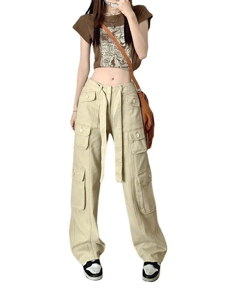 Hnewly American Spice Girls Pink Jeans High Waist Vintage Street Multi Pocket Cargo Pants Women Design Sweet Cool Wide Leg Pants New
