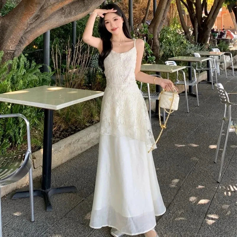 Hnewly French Elegant Camis Dress for Women Fashion Lace Patchwork Irregular Midi Dress Summer New Beach Vacation Embroidered Vestidos