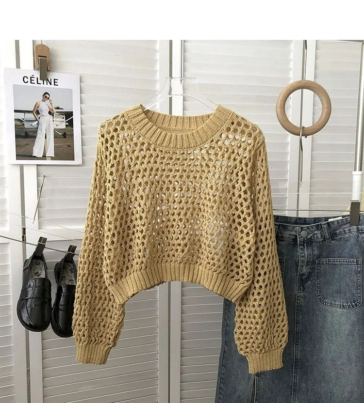 Hnewly Hollow Sun Protection Shirt Women's Summer Loose Pullover O-Neck Puff Long Sleeve Air Conditioning Knitwear Korean Retro Top