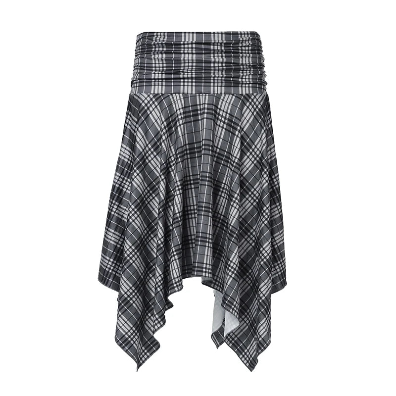 Hnewly Preppy Style Plaid Print Skirt Grey Low Rise Loose Irregular A-line Midi Skirts Women Harajuku Clothes y2k Streetwear New