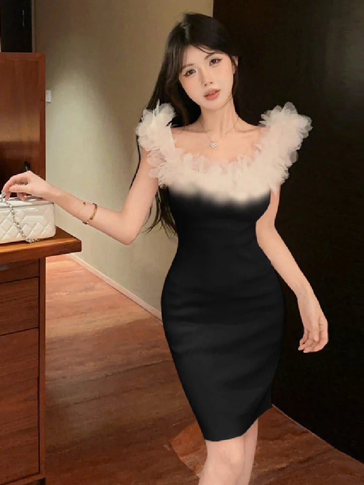 Hnewly  Woman Dress Petal Patchwork Off Shoulder Slim Stretch Backless Sweet Sexy Elegant Knitted Dresses Female Fashion Party