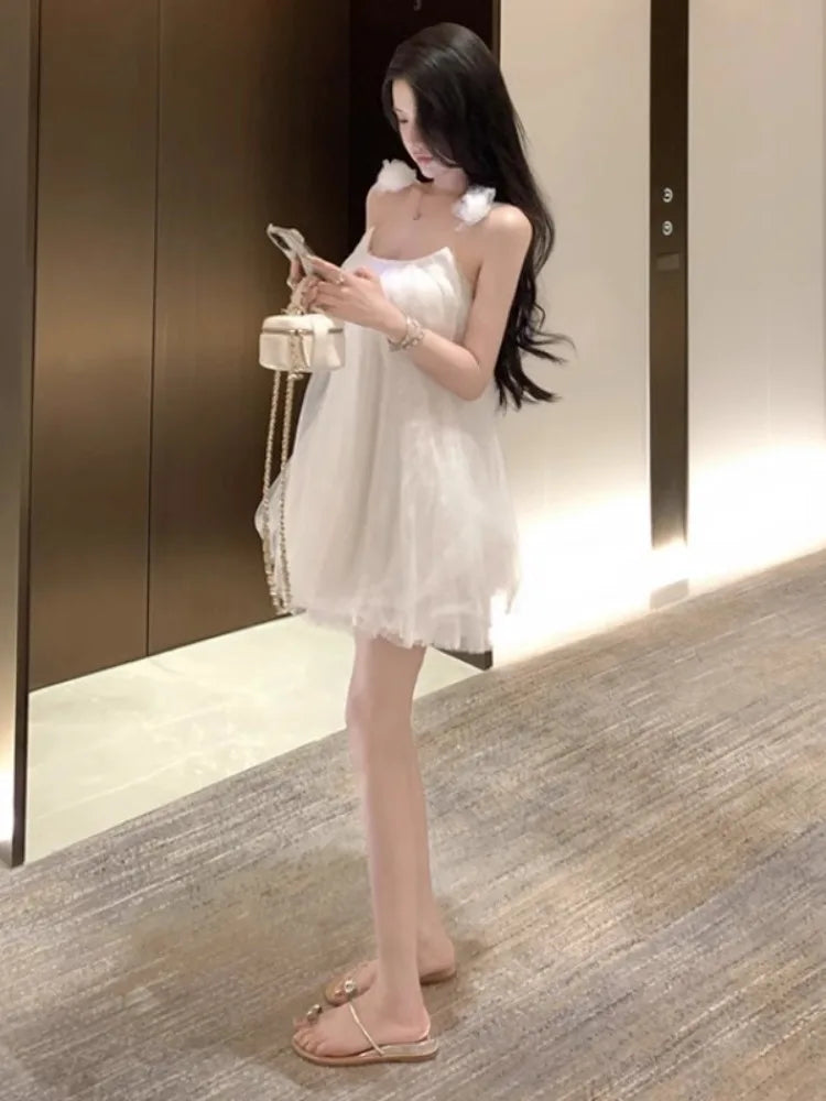 Hnewly  Woman Dress Sleeveless Slash Neck Flowers Backless French Style Chic Sweet Elegant Mini Dresses Female Casual Party