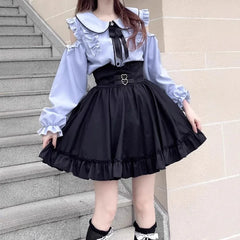 Hnewly  New Japanese Sweet Long Sleeve Shoulder Bared Doll Collar Women's Shirt Autumn Top Casual Slim Fit Mini Skirt Two Piece Set