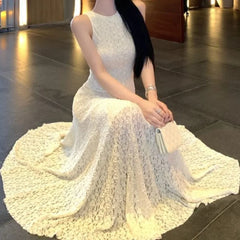 Hnewly  Lace Dresses for Women Solid Sleeveless Spring Summer Elegant Long Dress Korean Fashion Retro Vestidos Mujer