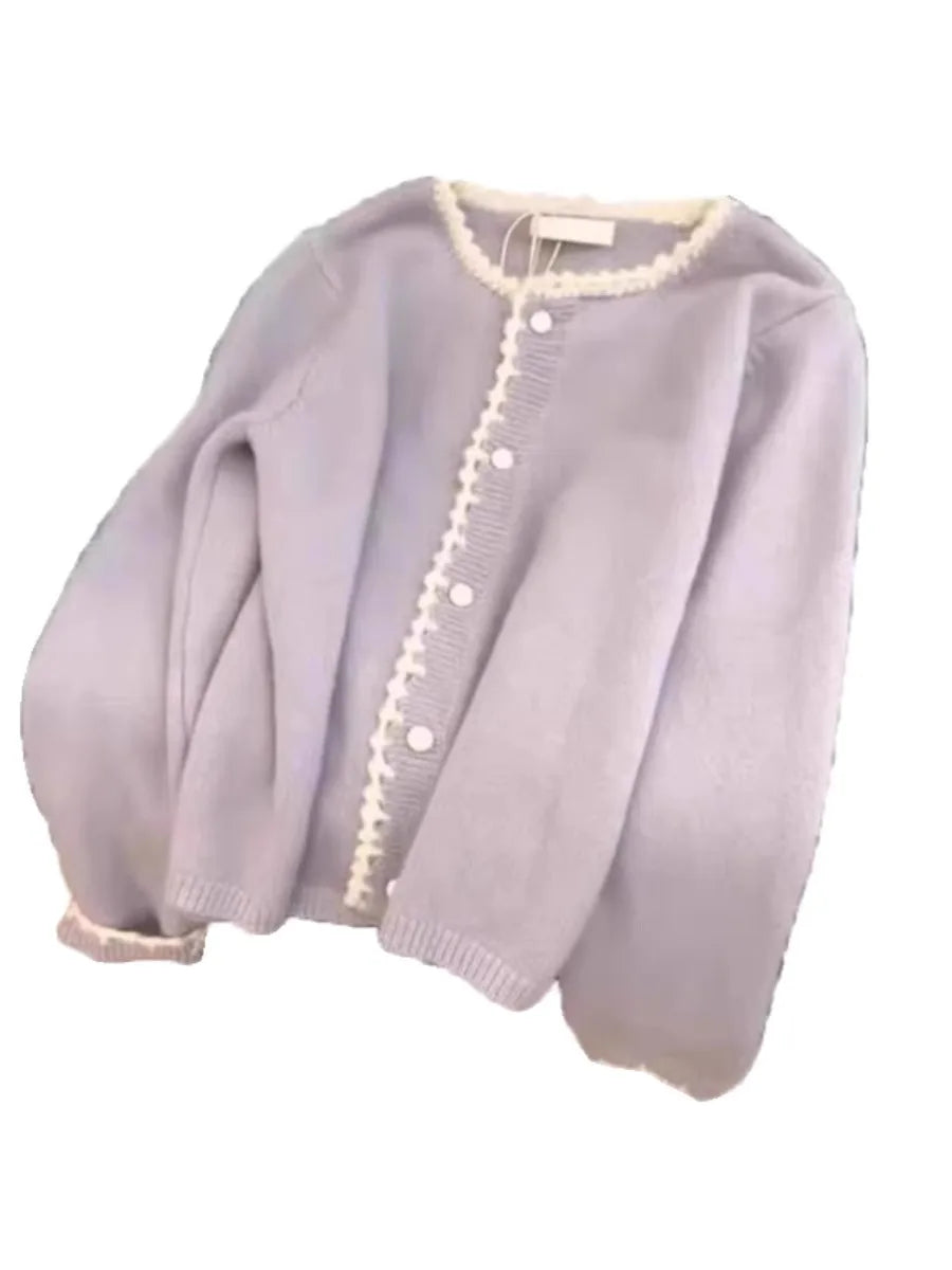 Hnewly  Soft Purple Sweater Cardigan Sweet Lace Edge O-neck Single Breasted Top Spring Autumn New Korean Long Sleeved Loose Kniter