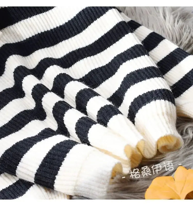 Hnewly  Half Zipper Stripe Pullover Sweater  Women Loose Knitted Base Shirt  2025 Spring /Autumn Japanese Style Long Sleeve Pullover Top