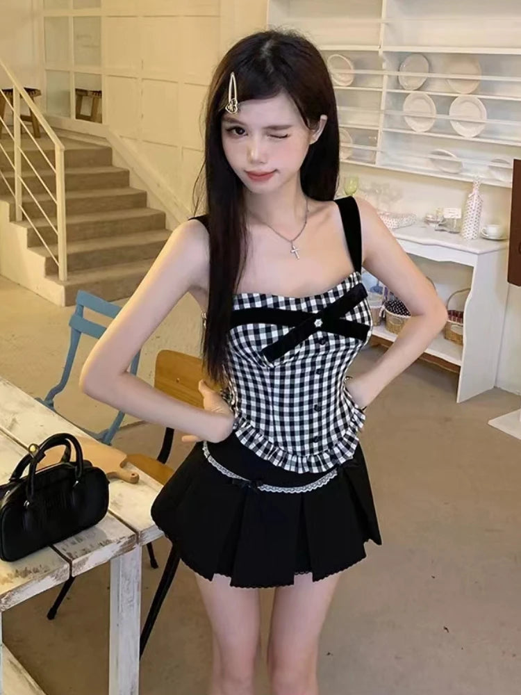 Hnewly DRESS TO IMPRESS Preppy Style 3 Piece Sets Women Casual Crop Tops + Vintage Plaid Vest + Lace Y2k Mini Skirt Slim Hot Girls Korean Fashion Suit