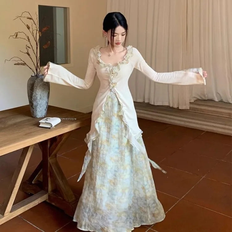 Hnewly Spring New Slim Fit Ruffles Long Sleeve Tops Women+ Y2k Mid-length Flower Print Skirts  Chinese Style Two Piece Sets