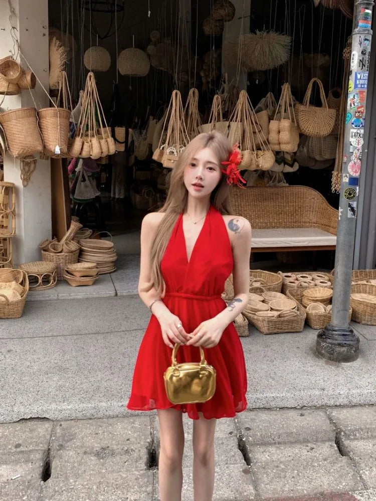 Hnewly  Woman Dresses Sleeveless V Neck Bandage Halter Backless Vintage Sexy Mini Dress Sweet Elegant Female Party Fashion
