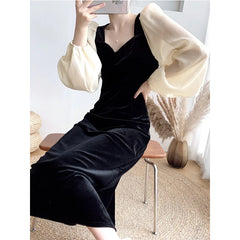 Hnewly  Velvet Long Sleeve Dress Women's High Waist Slim Fit Bubble Sleeve Vintage Style Square Collar Midi Dress  Sweet Style
