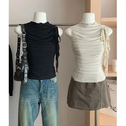 Hnewly  Streetwear Folds Tank Tops Women Lace Up Sleeveless Tshirts Korean Fashion Chic Summer Mesh  Casual Tanks Y2k