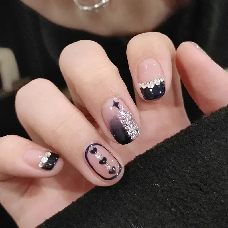 Hnewly 24pcs Detachable Short Press on Nails Y2k rhinestone False Nails with Glue Ballet Sweet Cool Girls Artificial False Nails Tips