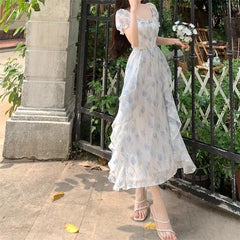 Hnewly  Summer French Style Floral Printed Dress Slim Casual Long Chiffon Dress Short Sleeve Women Vacation Fairy Dress