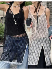 Hnewly New Strap Transparent Mesh Split Dress Stacked