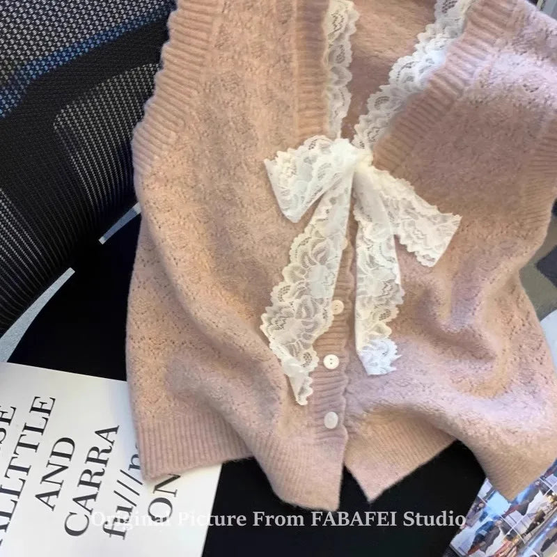 Hnewly  Elegant Lace Bow Sweater Vest Women's 2025 New Spring Autumn Sleeveless V-neck Knitted Pullover Korean Version Versatile Top