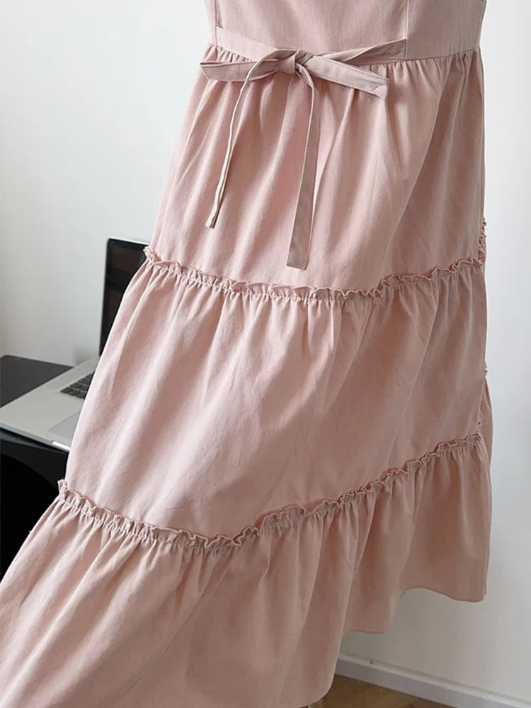 Hnewly New Design Print Pink Spaghetti Strap Dress All-Match Elegant Temperament Sexy Prom Gown Sweet Bow A-Line Dress Cozy Streetwear