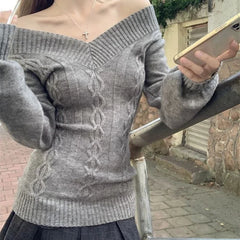 Hnewly  Korean Style Grey Sexy Sweater Women Sweet Off Shoulder V-neck Knitted Pullover Slim Up Fashion Long Sleeve Sweaters