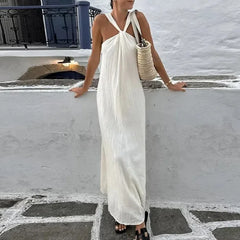Hnewly  All-match Comfortable Beachy Women's Clothing Summer Solid Color Pullover Chiffon Halter Ankle Skirts Office Lady Dresses
