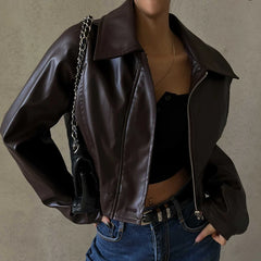 Hnewly PU Faux Leather Jacket Aesthetic Fashion Streetwear Turn-down Collar Coat Women Autumn Casual Simple Long Sleeve Coats