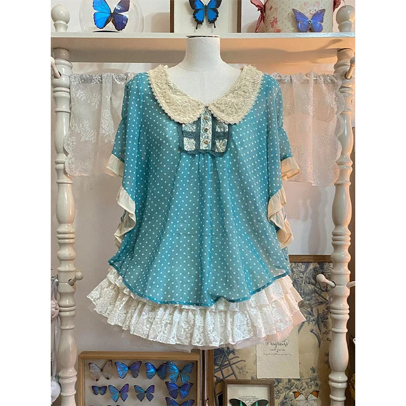Hnewly  Vintage Doll Collar Polka Dot Short Sleeve Women's Summer Top And Lace Skirt Set Fashionable Retro Style Midi Dress