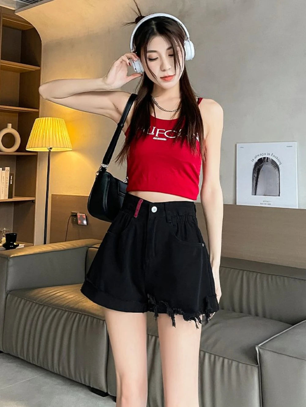 Hnewly  Summer Contrast Color Pocket Women's High Waist Denim Shorts 2025 Korean Style Youthful Tassel Ripped Female Short Jeans Pants
