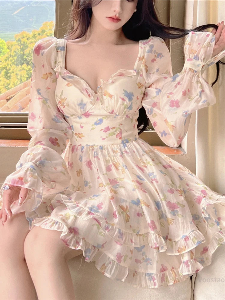 Hnewly France Sweet Tie-dyed Fairy Dress Women Elegant Chic Ruffles V-Neck Long Sleeve Princess Dresses Female Casual Beach Vestidos