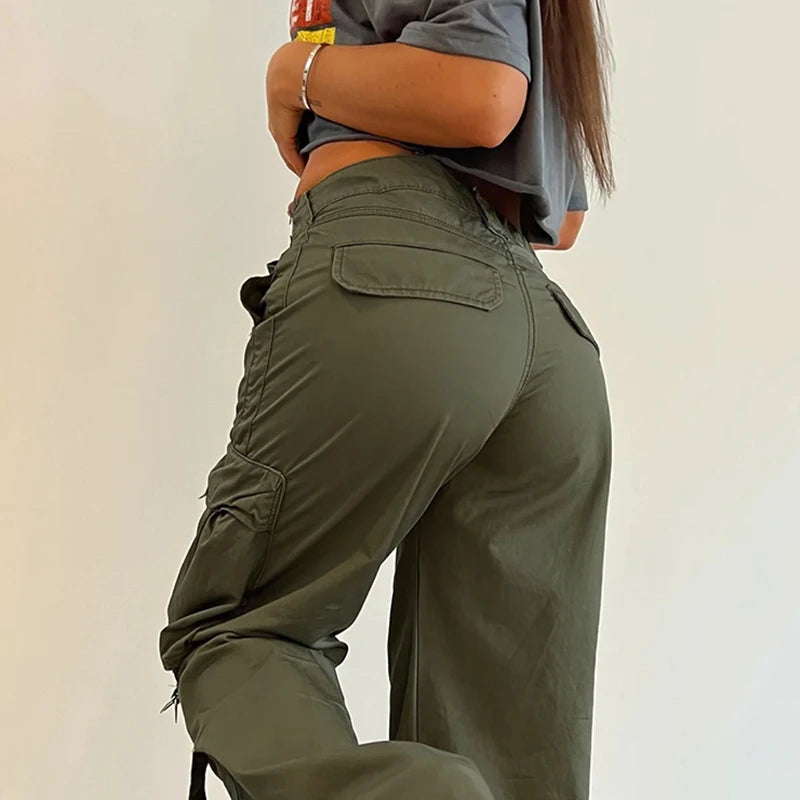 Hnewly y2k Streetwear Pockets Cargo Pants Harajuku Low Rise Baggy Straight Pants Loose Korean Fashion Trousers Aesthetic Womens