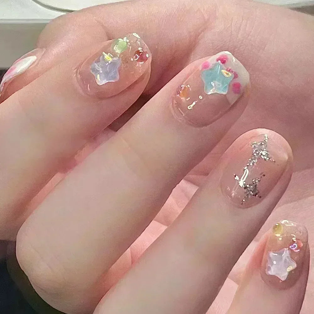 Hnewly 24pcs Detachable Short Press on Nails Y2k rhinestone False Nails with Glue Ballet Sweet Cool Girls Artificial False Nails Tips