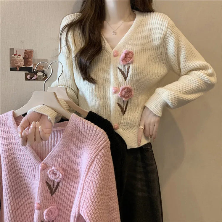 Hnewly  Flower Applique Knit Cardigan Autumn Winter Women Cardigan Sweater Coats Long Sleeve Crop Knitted Jackets Cute Outfit