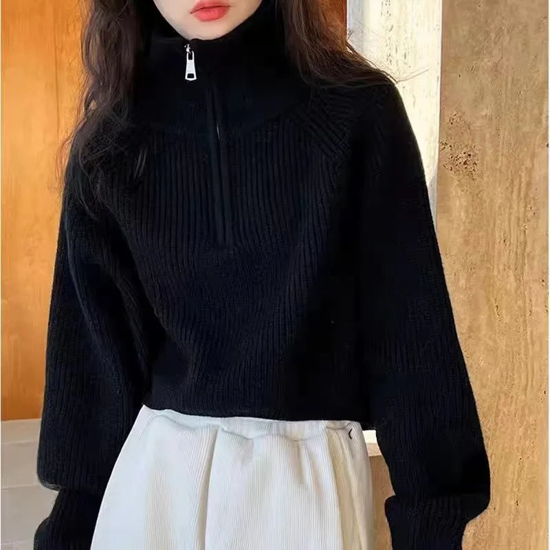 Hnewly  Half Zip Collar Sweater Women Pullovers Soft Knitted Long Sleeve Short Jumper Fall Winter Teen-girl Korean Fashion Outfit