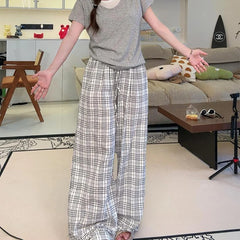 Hnewly  Summer Casual Plaid Long Pants for Women Drawstring Wide-Leg Pants Woman Loose Cotton Sports Pants for Women