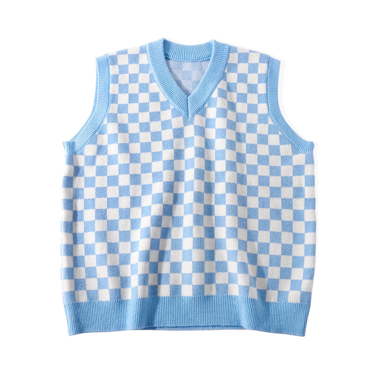 Hnewly  Checkered Sweater Vest Women Blue and White Checkerboard Sleeveless Knit Top Teen-girl Y2K Preppy Style Outfit