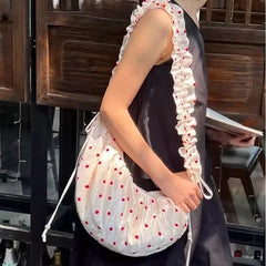 Hnewly  Sweet Cute Polka Dot Tote Bag Women Crinkle Lace Large Capacity Canvas Shoulder Bag Ladies Casual Versatile Daily Crossbody Bags