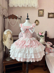Hnewly  Lolita Large Size Dresses Set JSK Girl's Woman's Slim Fit Elegant Sweet Bow Lace Stitching Dress Princess Birthday Party Dress