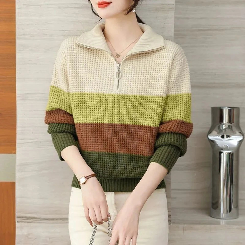 Hnewly  Knitted Stripe Sweater Women's Lapel V-neck Autumn Winter 2025 New Contrast Color Versatile Knitwear Long Sleeve Pullover Tops