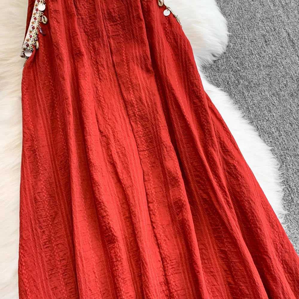 Hnewly  Bohemian Vacation Style Red Dress Design Sense Tassel Irregular Loose Dresses French Style High-end  Sleeveless Long Dress