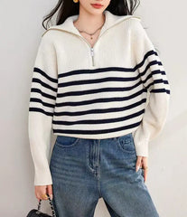 Hnewly  Quarter Zipper Sweater Women Long Sleeve High Collar Rib Knit Pullover Casual Striped Sweater Jumper Fall Winter Outfit