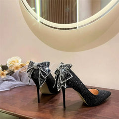 Hnewly Shiny Bowknot Thin Heels Pumps Women Slip-On Bling Crystal Party Shoes Woman Sexy Pointed Toe Glitter High Heels Shoes