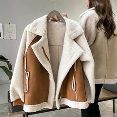 Hnewly aspen outfits winter  Fall Winter Women Jacket Thick Heat Retention Loose Women Coat Turn-down Collar Long Sleeves Lambswool Windproof Coat