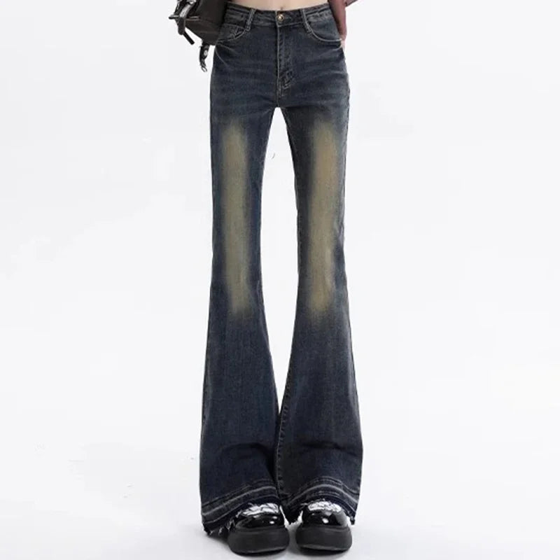 Hnewly New Women American Retro Trashy Y2k 2000s Flare Jeans Lady Elastic Slim Fit Denim Bell Bottom Pants Vintage Retro Blue Trousers