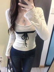 Hnewly  Korean Style Sexy T-Shirts Women Sweet Coquette Two Piece Sets Long Sleeve Tops Fashion Aesthetics Patchwork T-Shirts