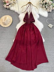 Hnewly  Temperament Hanging Neck Dress Elegant Hollow Out Backless Slit A-line Large Hem Dress Women's Beach Vacation Long Dress