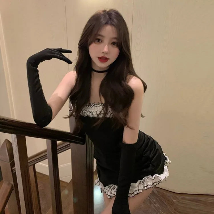Hnewly birthday outfit Sexy Off Shoulder Strapless Black Dress for Women Y2k E-Girl Slim Fit Bodycon Fungus Dresses 2025 Summer New Vestidos Mujer