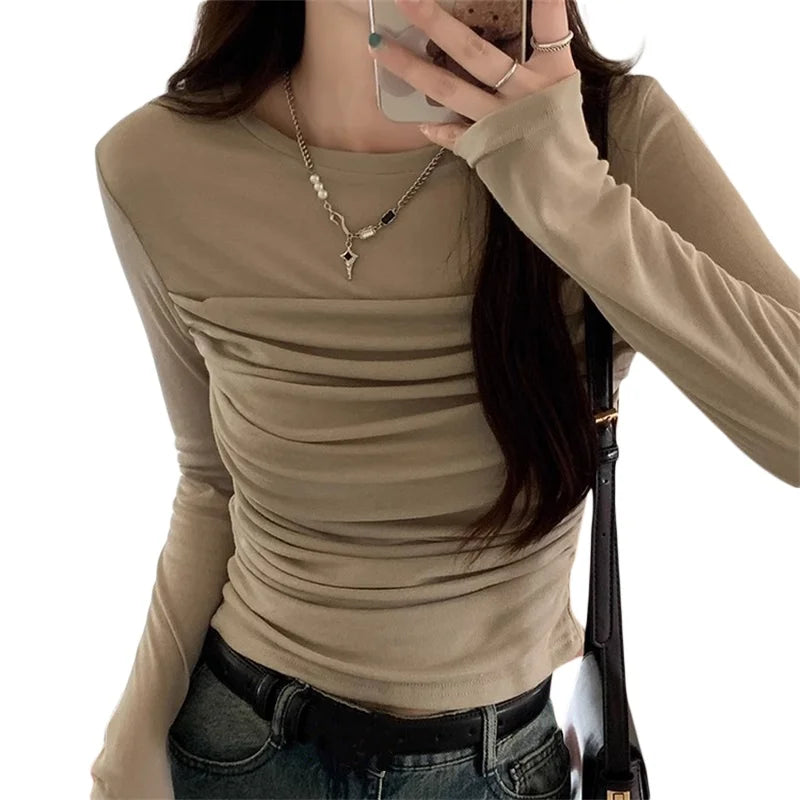 Hnewly Mesh Top y2k Clothing Women Sheer See Through Round Neck Long Sleeve Ruched T Shirt 2000s Aesthetic Clothes Streetwear