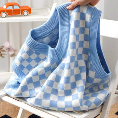 Hnewly  Checkered Sweater Vest Women Blue and White Checkerboard Sleeveless Knit Top Teen-girl Y2K Preppy Style Outfit