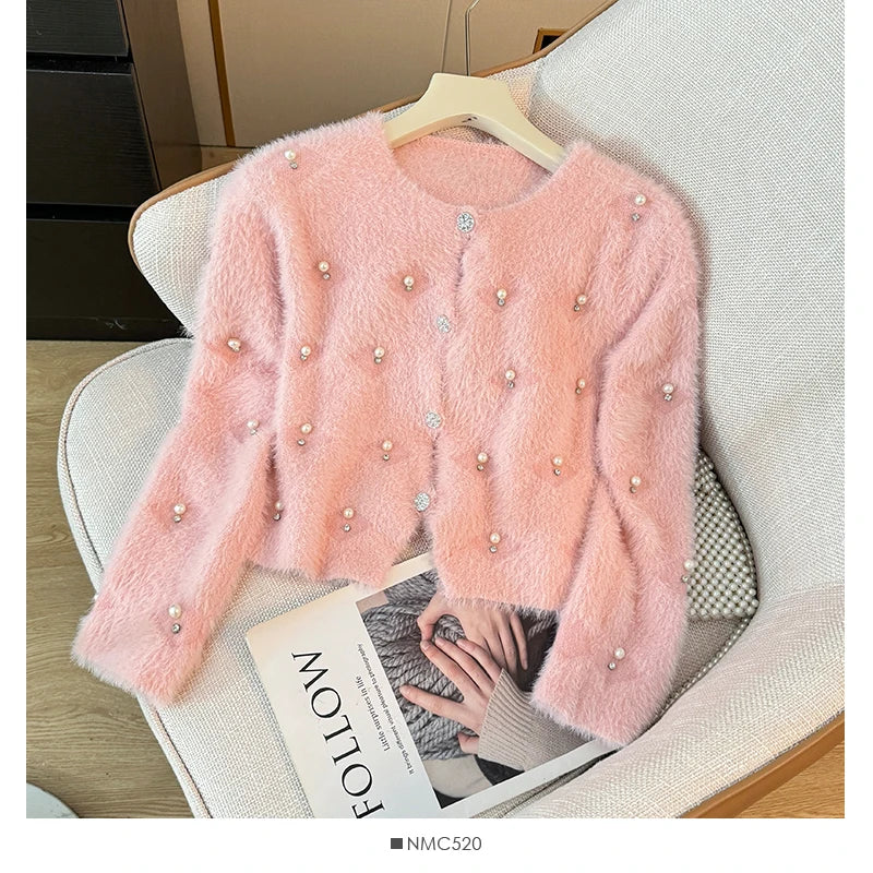 Hnewly  Beading O-Neck Plush Long Sleeved Sweater  Women's Autumn Loose Soft Glutinous Knit Cardigan Elegant Single Breasted Short Top